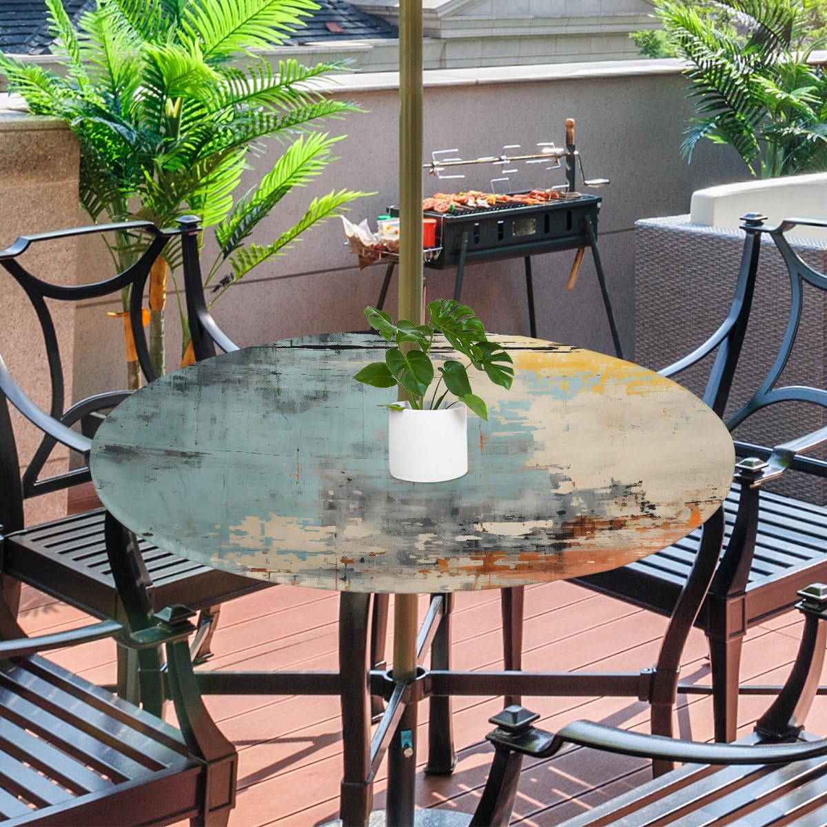 Mexpekil Abstract Colorful Printing Round Tablecloth with Umbrella Hole and Zipper Wipeable Fitted Table Cover with Elastic Edge Waterproof Table Protector for Patio (fit for 45''-56'' table) - Image 8
