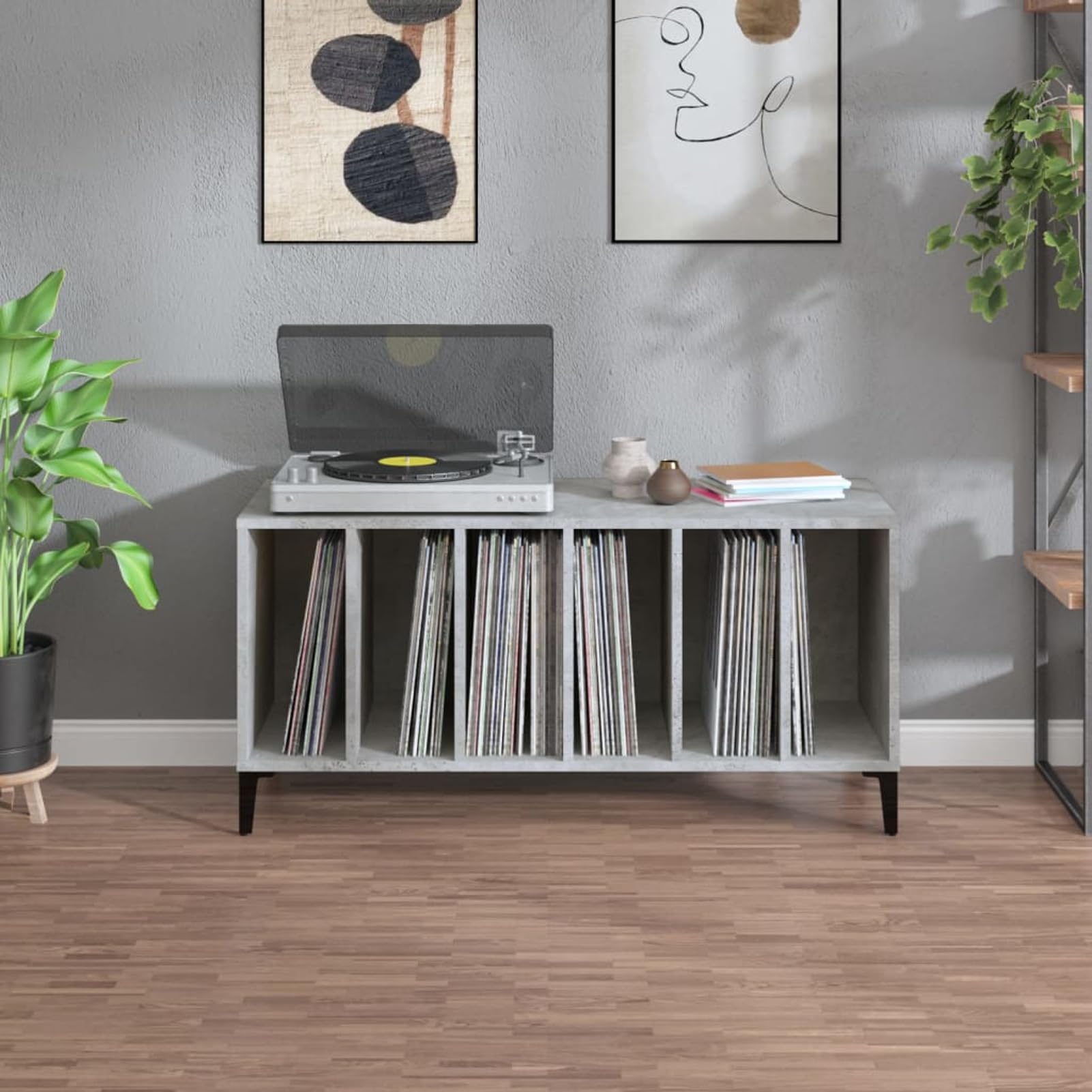 Homgoday Mobile Porta Dischi in Legno Ingegnerizzato e Metallo, Grigio Cemento, 100x38x48 cm, Ideale per Collezioni Vinili, Giradischi e Dispositivi Elettronici, Assemblaggio Richiesto