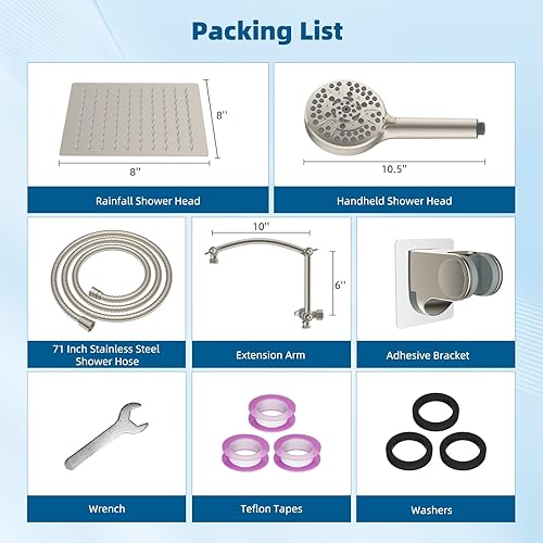 Miniatura 8 de Hibbent Cabezal de ducha de metal, cabezal de ducha de lluvia de alta presión de 8 pulgadas, cabezal de ducha de mano con brazo de extensión de