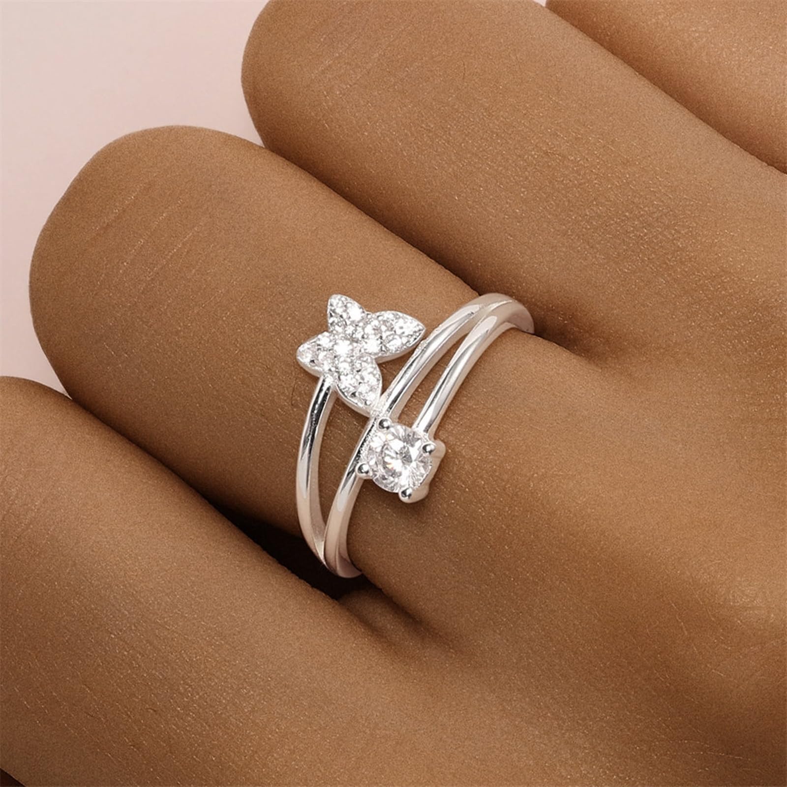 Anello Donna Proposta Matrimonio, Donna Oro Bianco Anello Aperto con moissanite Rotonda e a Farfalla