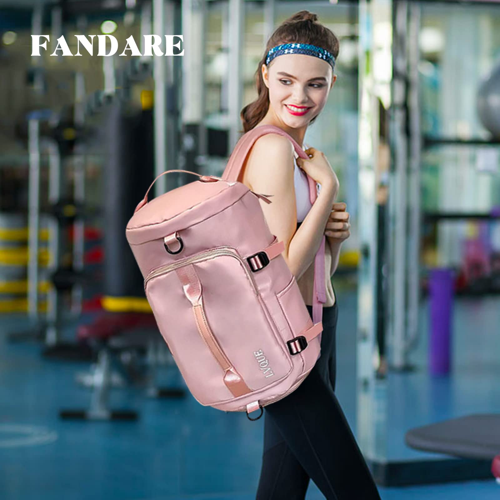 FANDARE Travel Handbag Sports Gym Backpack Weekender Carry On Overnight Bags for Women Men Duffle Bag Sport Totes Handbags Workout Gym Swim Hospital Shoulder Bag with Shoe Compartment Light Pink