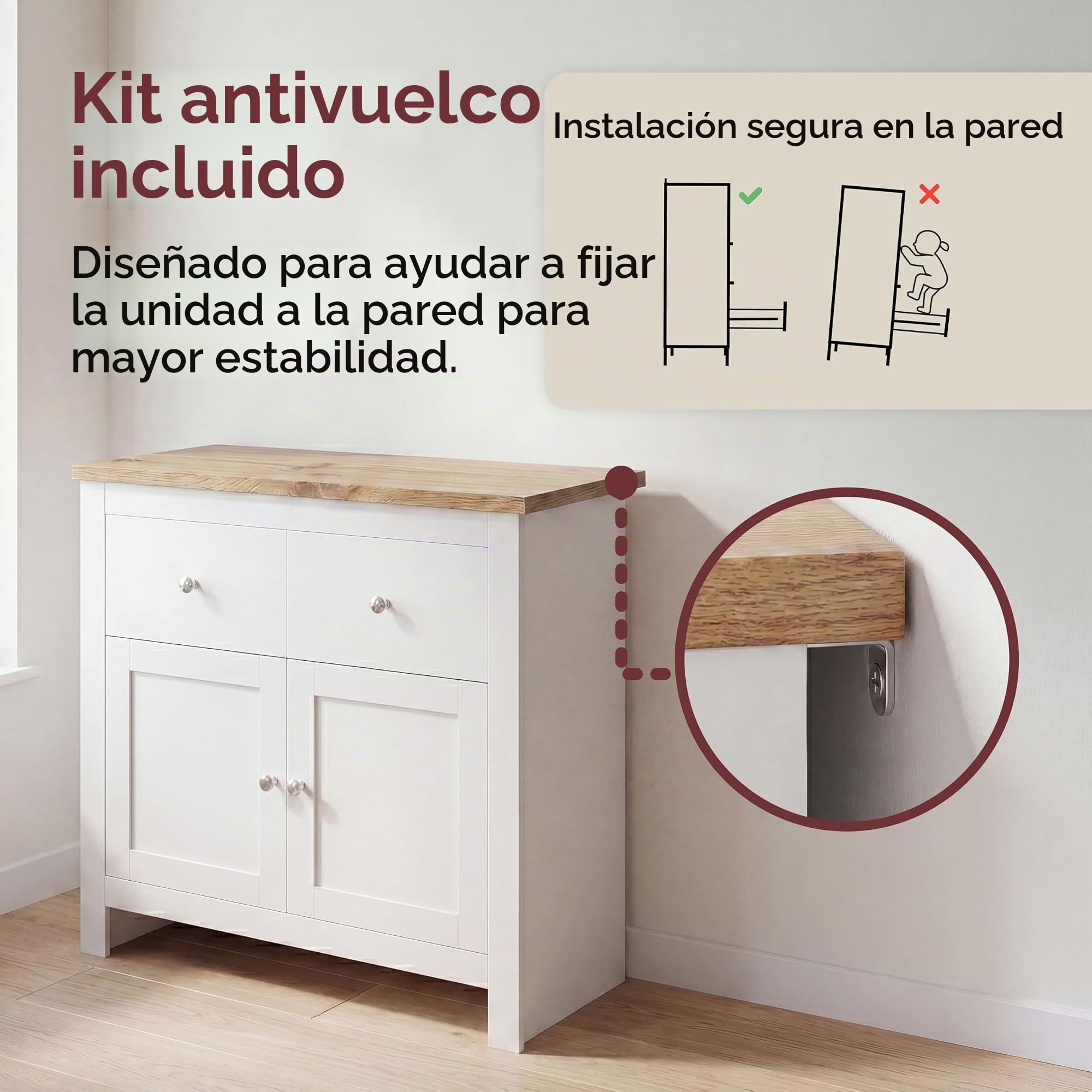 Marca Amazon - Vida Designs Aparador Arlington con 2 cajones y 2 Puertas, Madera de ingeniería, Blanco y Roble, H 80 x W 79 x D 35 Cm