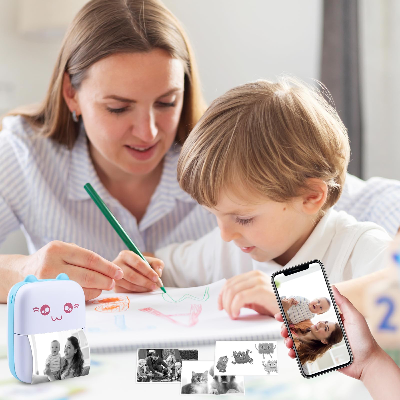 Mini Stampante Fotografica,Mini stampante tascabile,Portatile Termica con 13 Rotoli di Carta Termica,immagine per foto, stampa di ricevute,per Android IOS