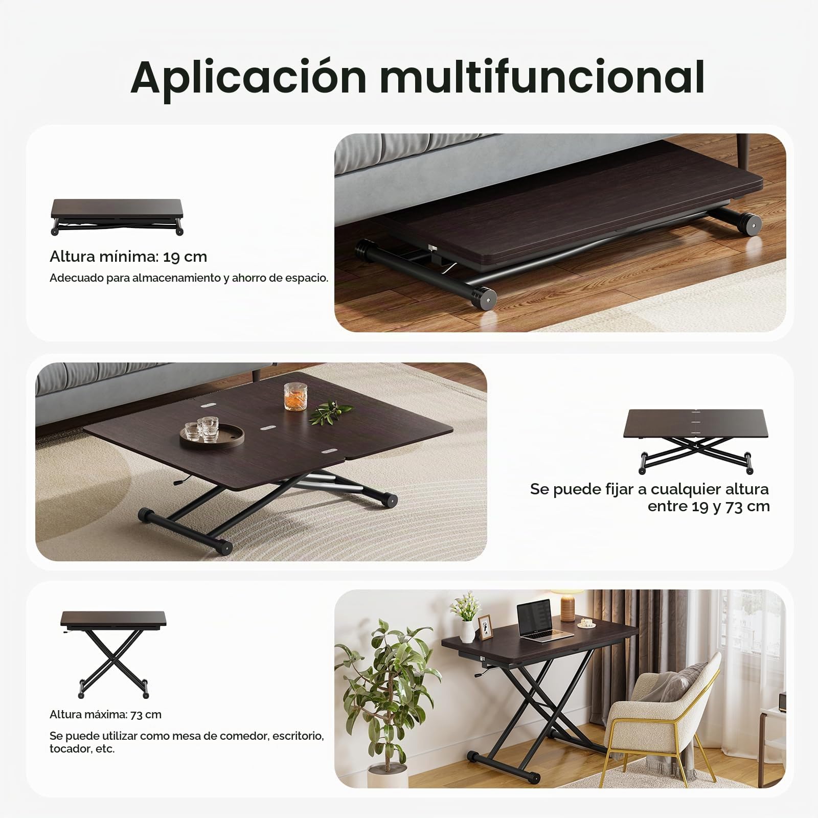Mesa de Centro Elevable y Extensible, Mesa de Café 3 en 1 con Superficie Extensible para Comedor, Sala de Estar y Oficina,Nogal Negro