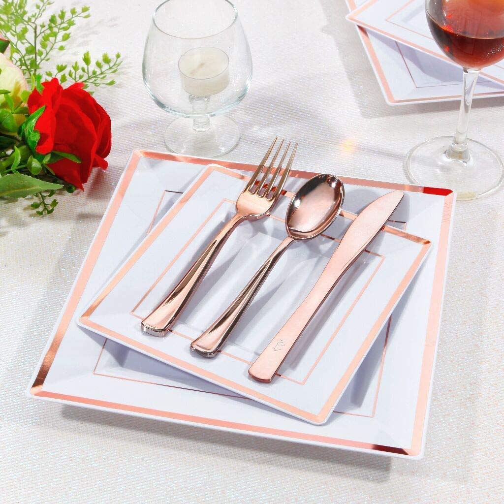 Servizio da tavola quadrato per 25 persone, in plastica oro rosa, con 150 pezzi di stoviglie riutilizzabili occasioni speciali, comprendenti piatti insalata, forchette, coltelli, cucchiai e tazze