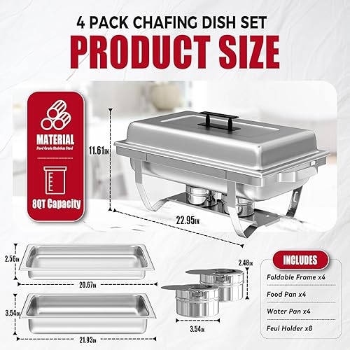 Miniatura 2 de Juego de 4 platos de bufé de roce de acero inoxidable de 8 cuartos de galón rectangulares y calentadores de buffet para catering, con bandeja