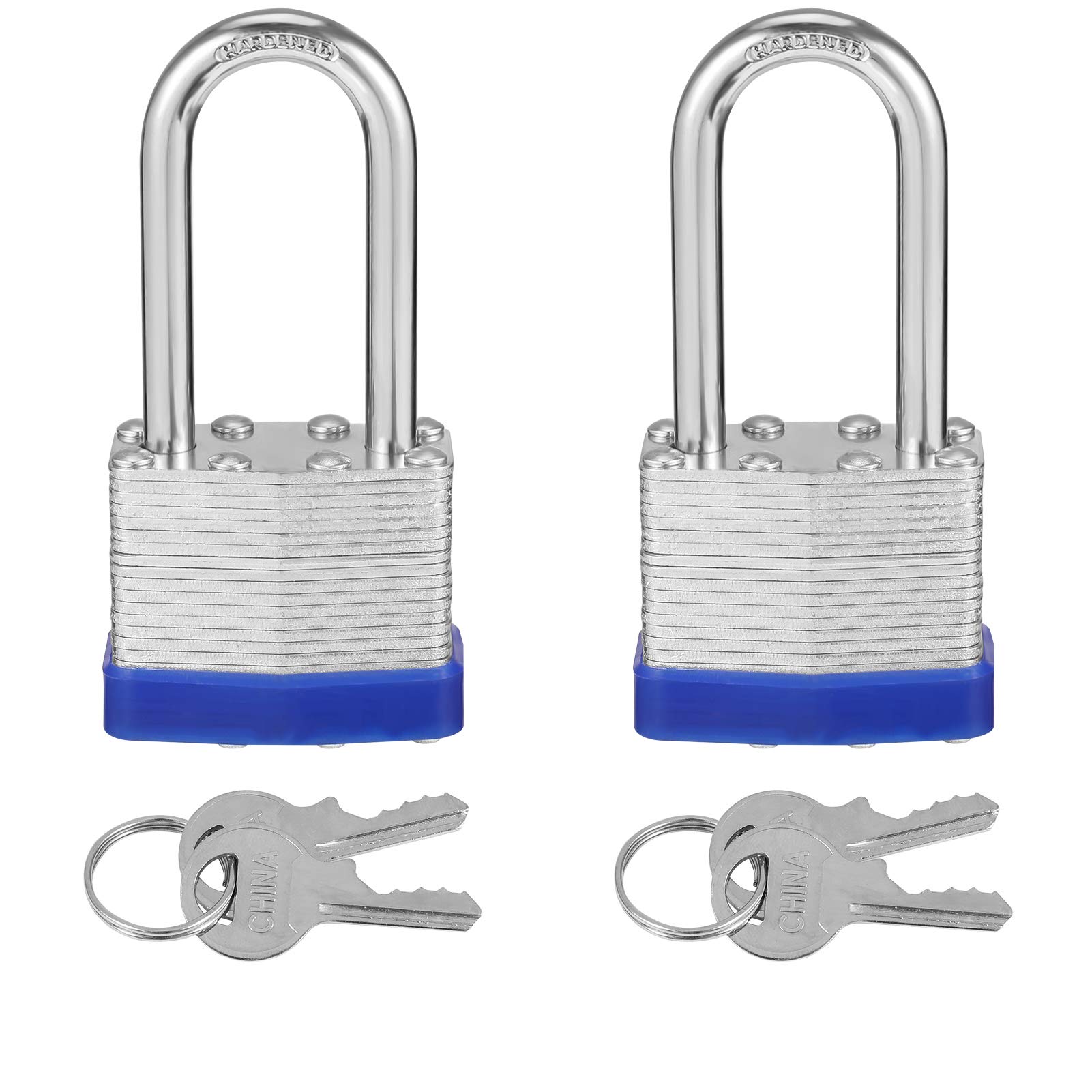 2 Pack Padlocks with Keys, Long Shackle Padlocks Heavy Duty Key Padlock Weatherproof Locks for Storage Units, Gym Locker, Shed, Garage, Fence