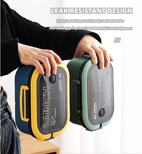 Miniatura 5 de Chchmu Lonchera Bento con compartimentos portátil con asa a prueba de fugas, contenedor de almuerzo de doble capa con cubiertos, para el trabajo,