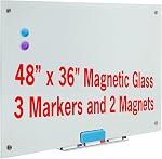 KUNOVA Magnetic Glass Whiteboard White Board Dry Erase Board, White, 4 X 3 Feet 48"x 36" 120 X 90 CM with 3 Markers and 2 Magnets
