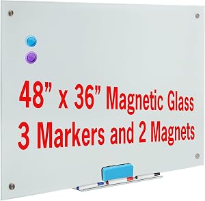 KUNOVA Magnetic Glass Whiteboard White Board Dry Erase Board, White, 4 X 3 Feet 48"x 36" 120 X 90 CM with 3 Markers and 2 Magnets