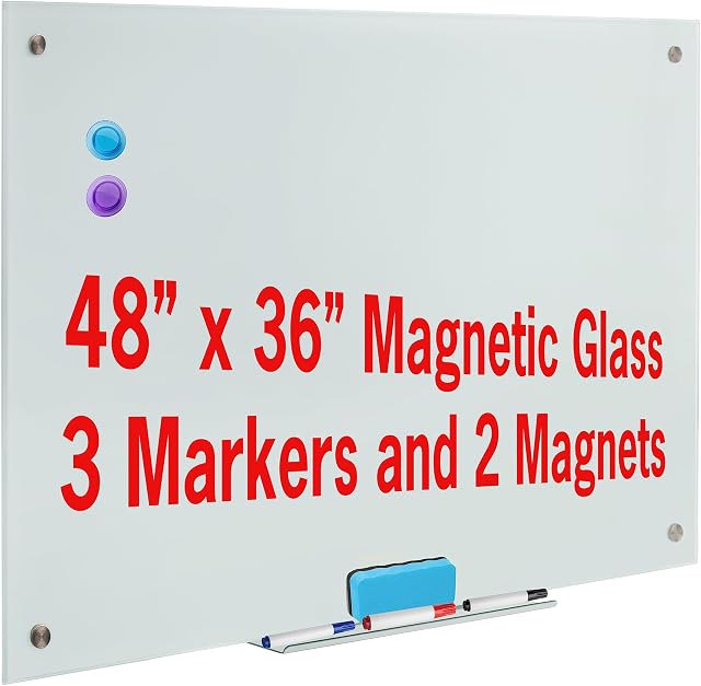KUNOVA Magnetic Glass Whiteboard White Board Dry Erase Board, White, 4 X 3 Feet 48"x 36" 120 X 90 CM with 3 Markers and 2 Magnets