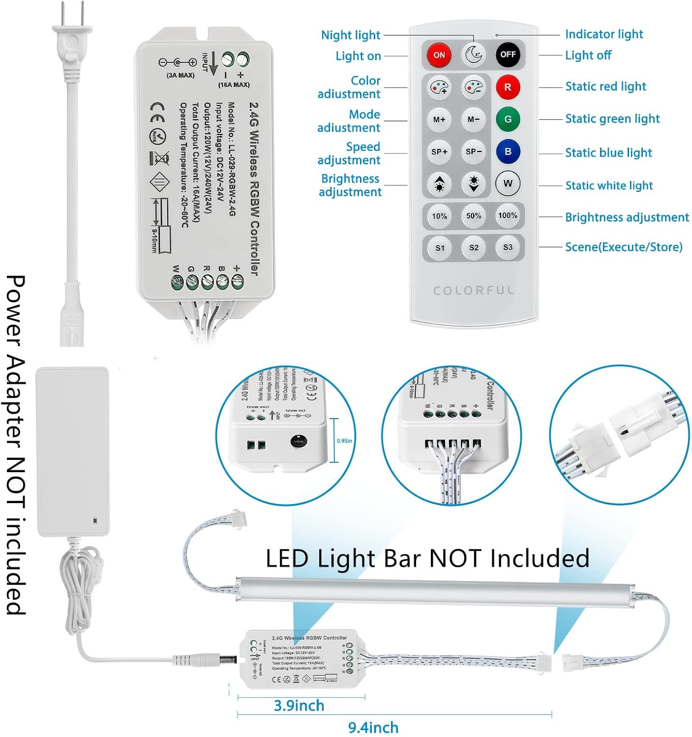 Litever RGB+Daylight 5000K 6-Light-Bar Under Cabinet Light Kits Extra Adapter Extra Controller