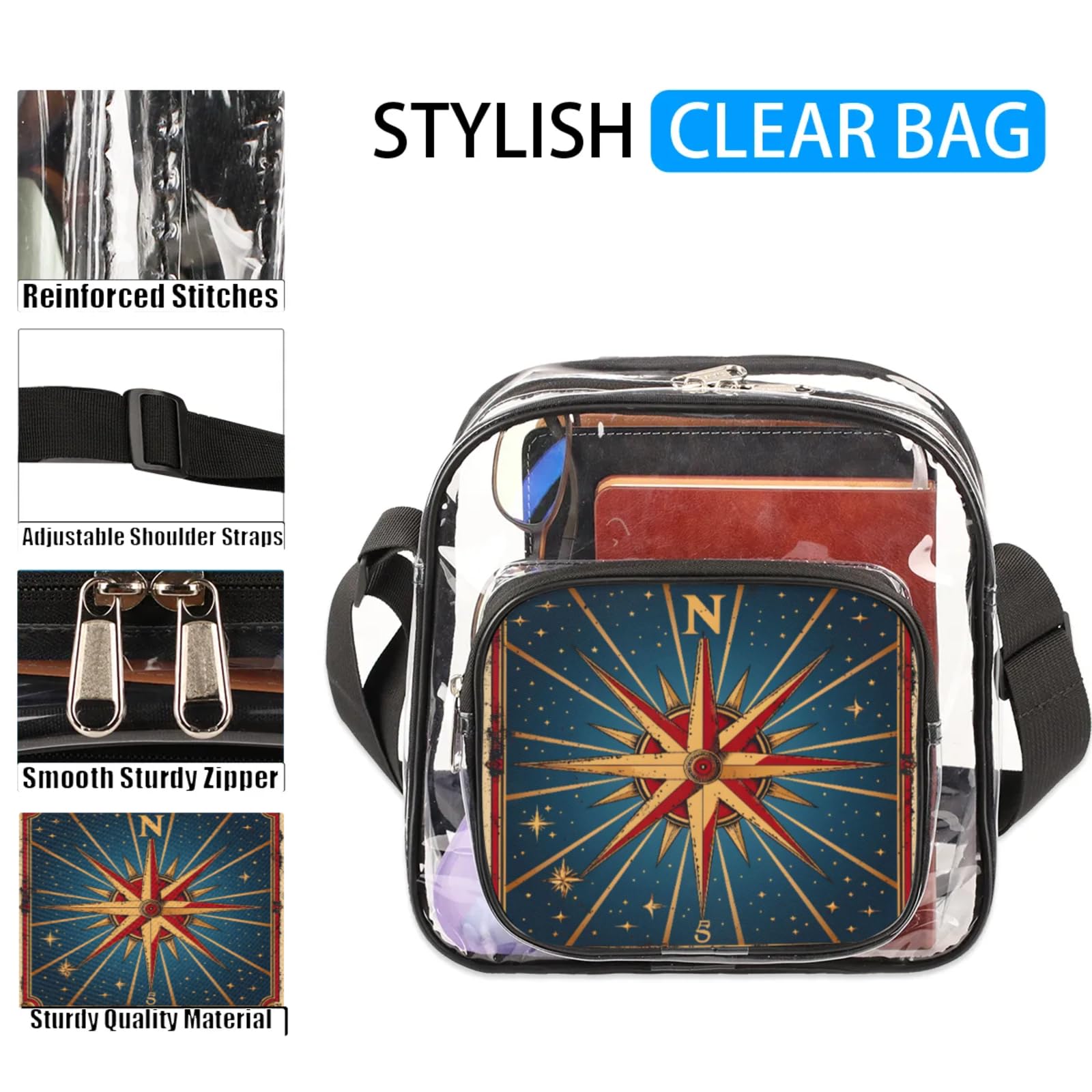 Clear Crossbody Bag Stadium Approved Ocean Compass Transparent Bag for Festivals, Sports Events, Concerts,Beach Bag for Women Men Clear Purse with Front Pocket Messenger Bag with Adjustable Strap