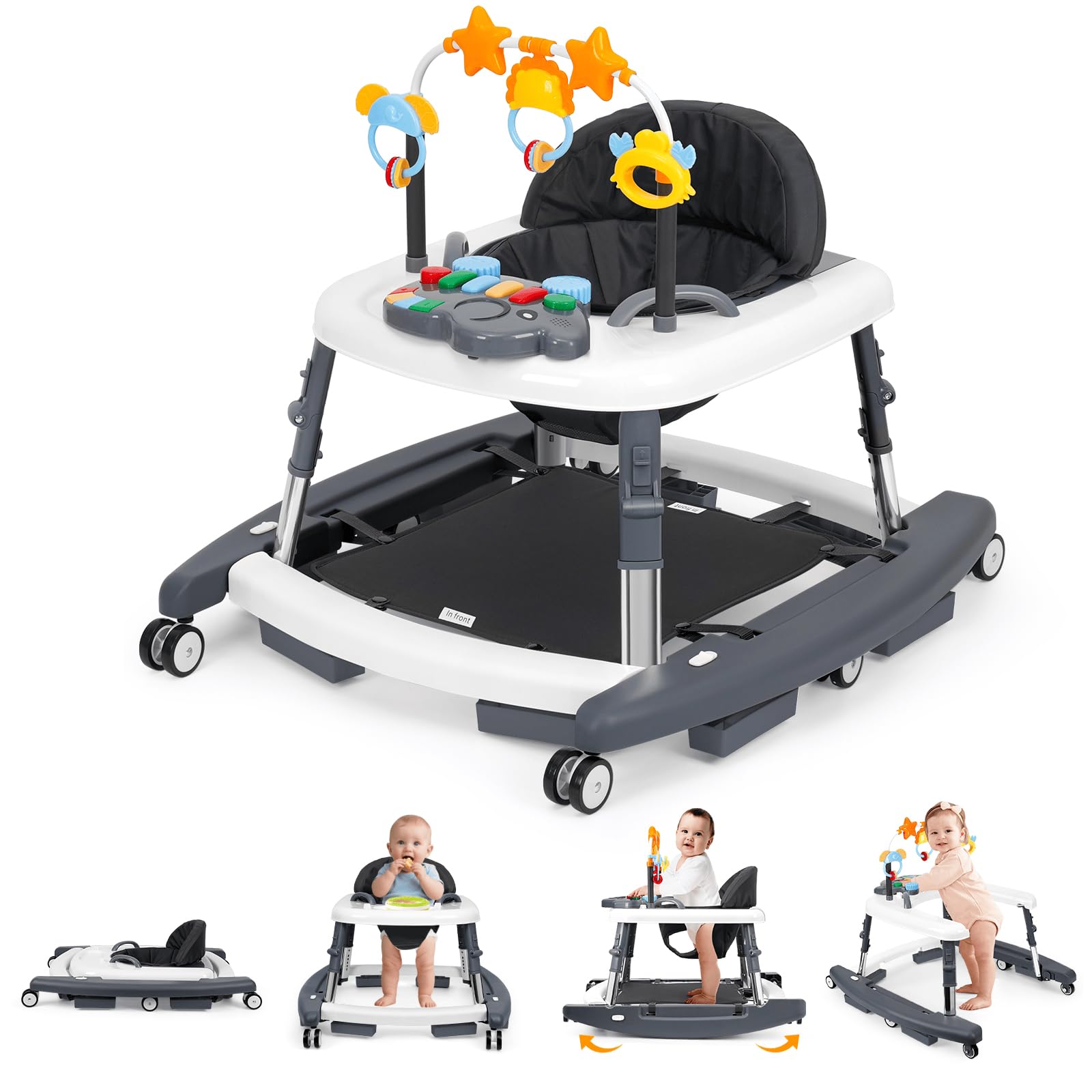 5 in 1 Baby Walker Foldable Music and Lights with 5 Adjustable Heights, Baby Walker with Wheels Portable, Infant Toddler Walker for Baby Boy Girls 6-18 Months (D-Grey) - 1