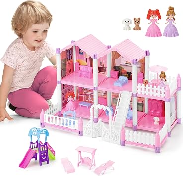 deAO Villa de Poupées Rose de Rêve avec Princesses