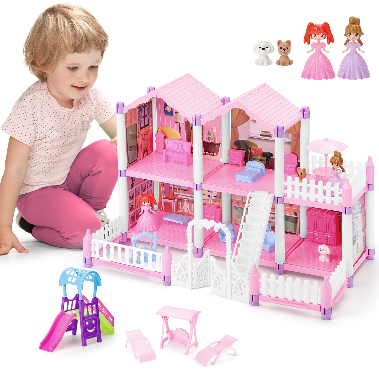 deAO Casa de Muñecas con 2 Princesas, Muebles y Accesorios, Casa de Muñecas de Ensueño para Niñas Pequeñas: 5 Habitaciones, 1 Terraza y 1 Jardín, Regalo para Niñas de 3 a 8 años, Rosa