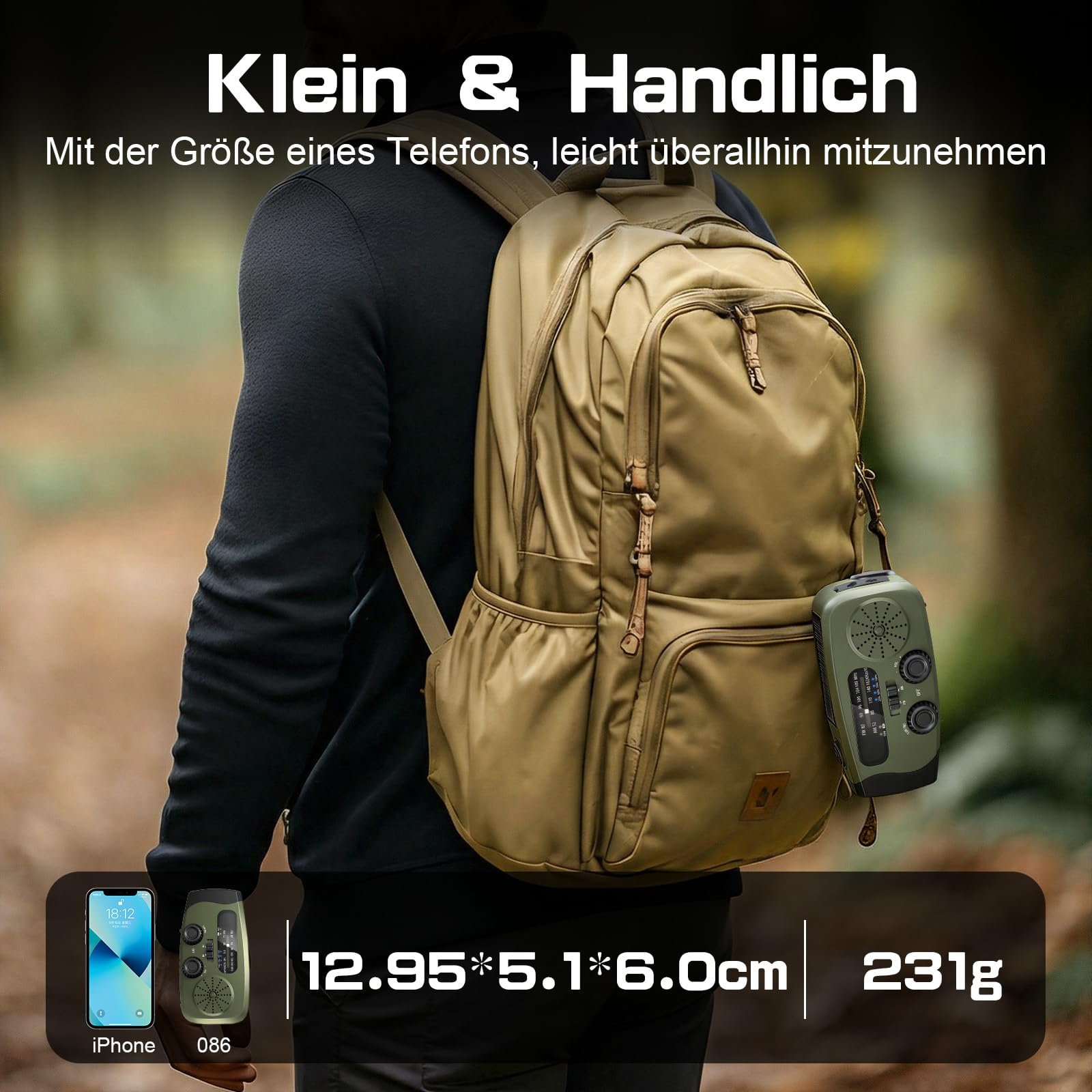 Notfall Kurbel Radio, 2000mAh/7400mWh Akku Kurbelradio Solar Batterie Power Bank USB AM/FM Radio mit SOS-Alarm Taschenlampe, 3-Wege-Laden Notfallradio, Innen Außen Camping Klein Taschenradio