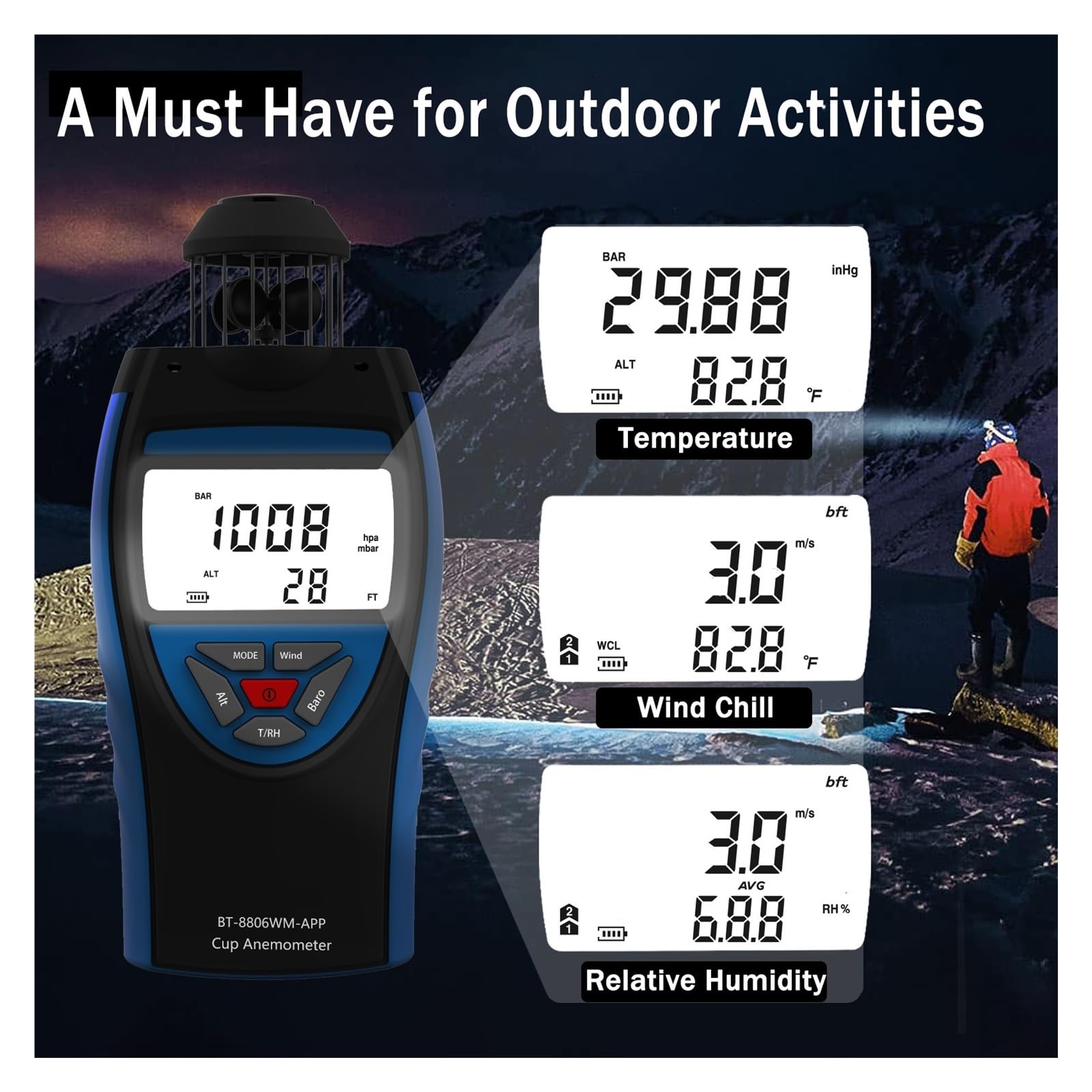 Anemómetro Digital inteligente 8806-WM-APP, medidor de velocidad del viento 0,3~42 m/s, volumen aire promedio HVAC, altitud CFM, barométrico