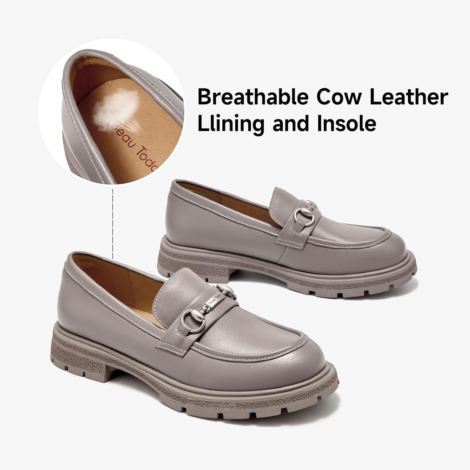 BEAU TODAY Chunky Loafers Women,Patent Full Grain Leather Loafers for Women,Comfortable Slip-on Fashion Platform Shoes, Non Slip Business Casual Work Office Square Toe Dress Shoes - Image 4