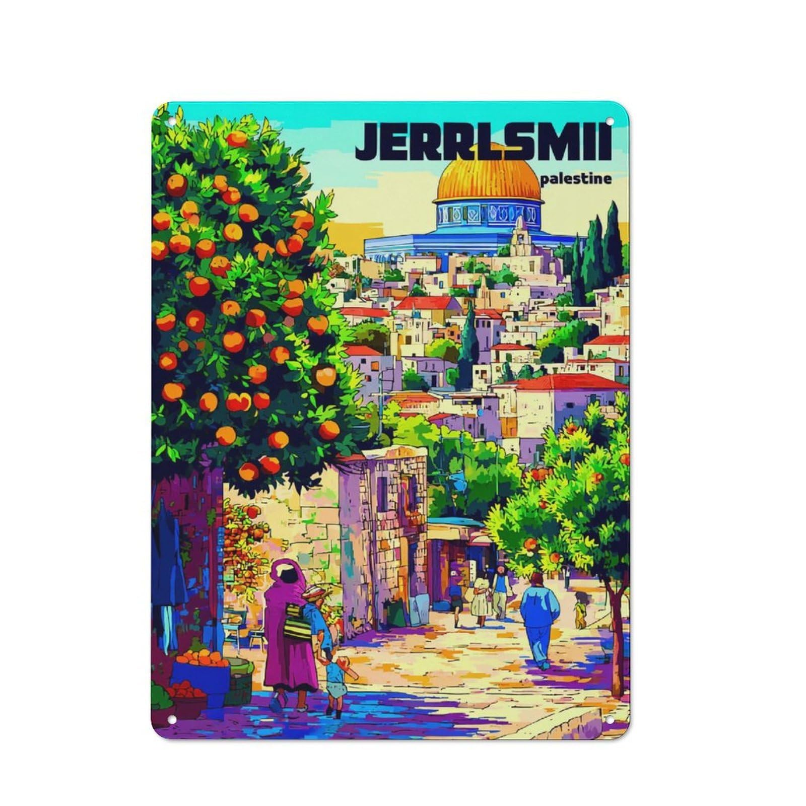 Junmoney Jerusalem's Vibrant Streetscape Character Decorative Tin Plaque 40X30cm Featuring Small Space Decor For Bedroom, Kitchen, Office Or Living Room