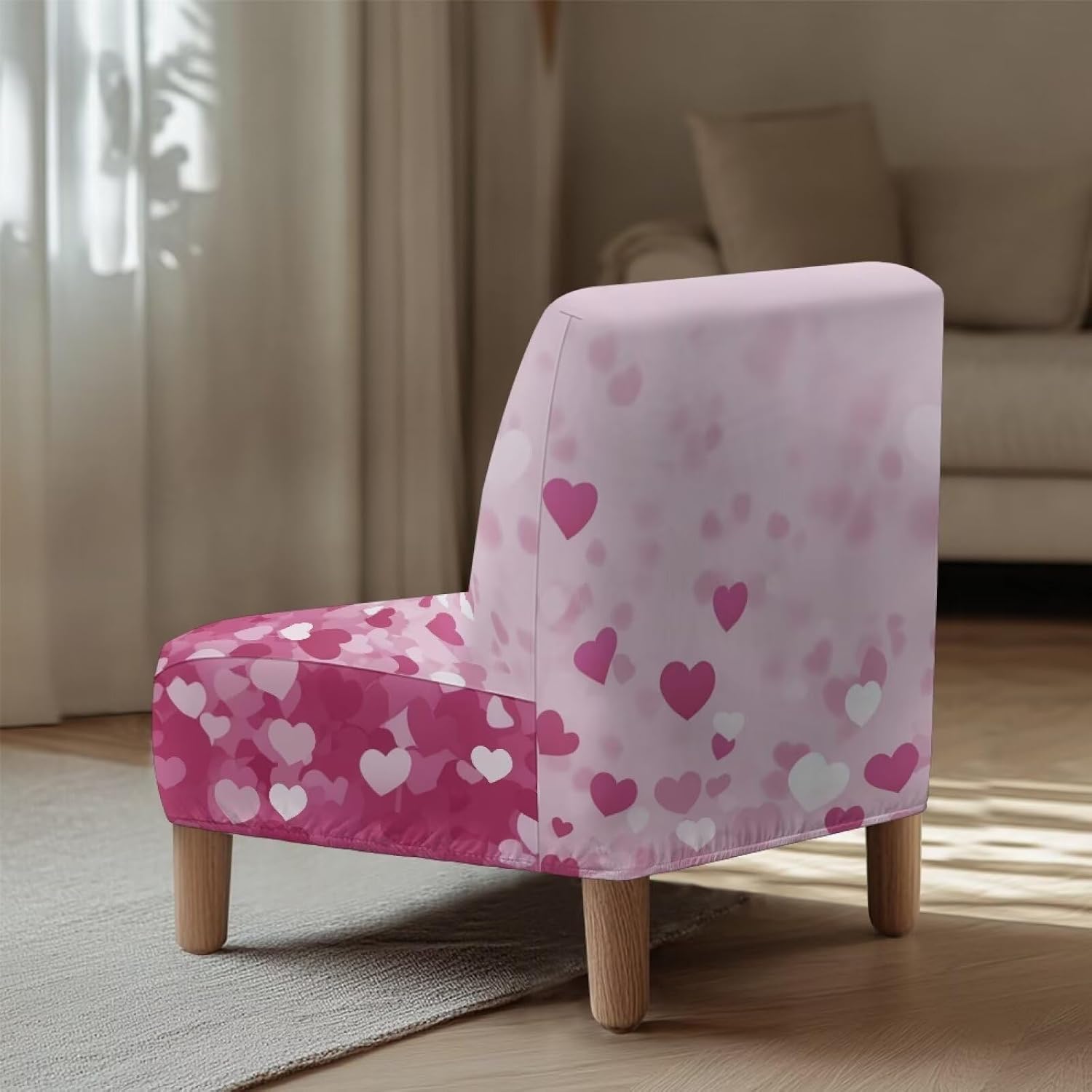 Merkmak Armless Accent Chair Cover with Elastic Band No Arms Single Sofa Chair Cover Valentine's Day Pink Heart Print Couch Seat Slipcover Without Arms for Living Dining Room