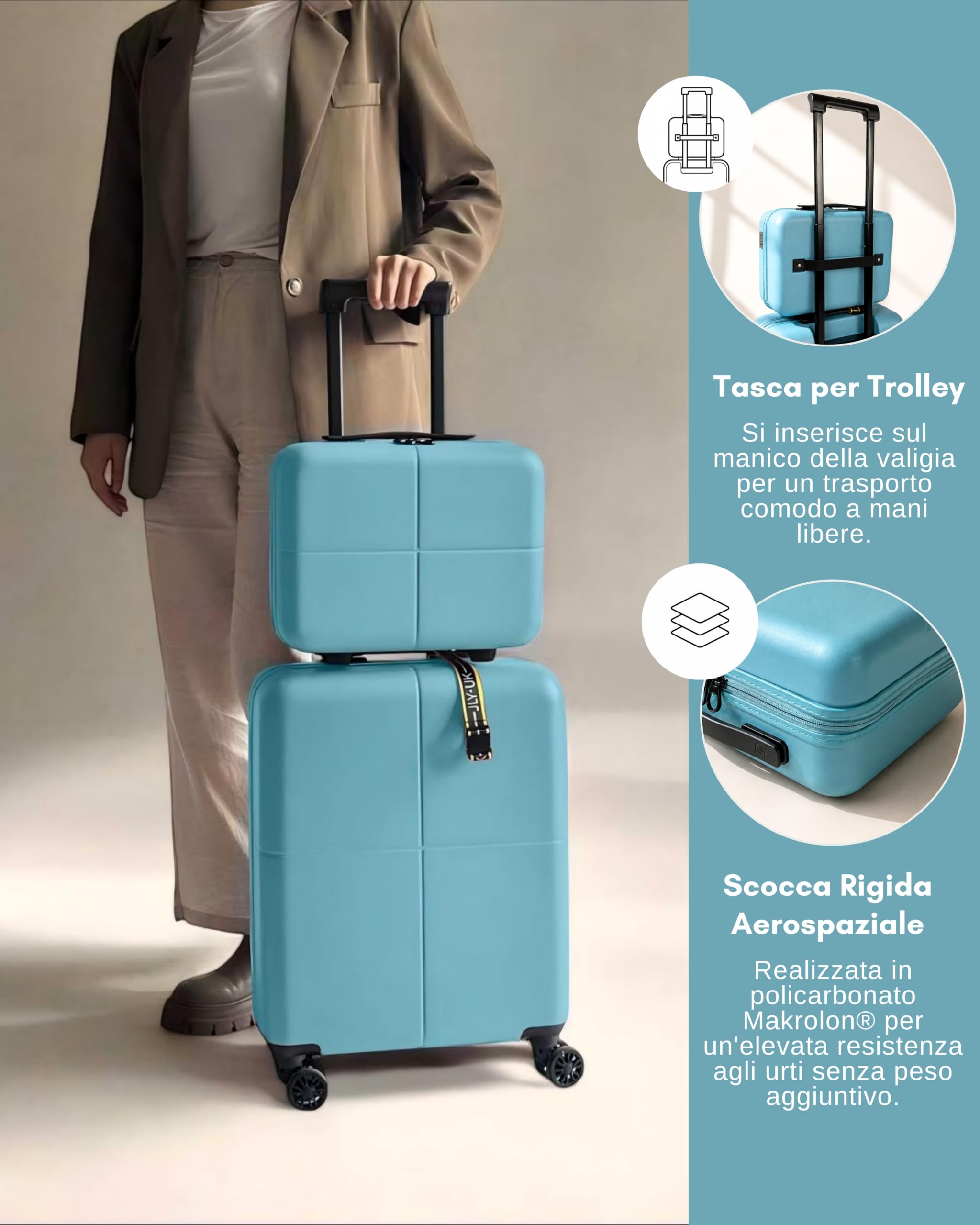 JLY Set di Valigie Rigide in 100% Policarbonato Covestro – Chiusura TSA, Ruote Silenziose, Design Elegante e Massima Organizzazione per Viaggi e Business (1 Pezzo, Azzurro, Vanity Case)