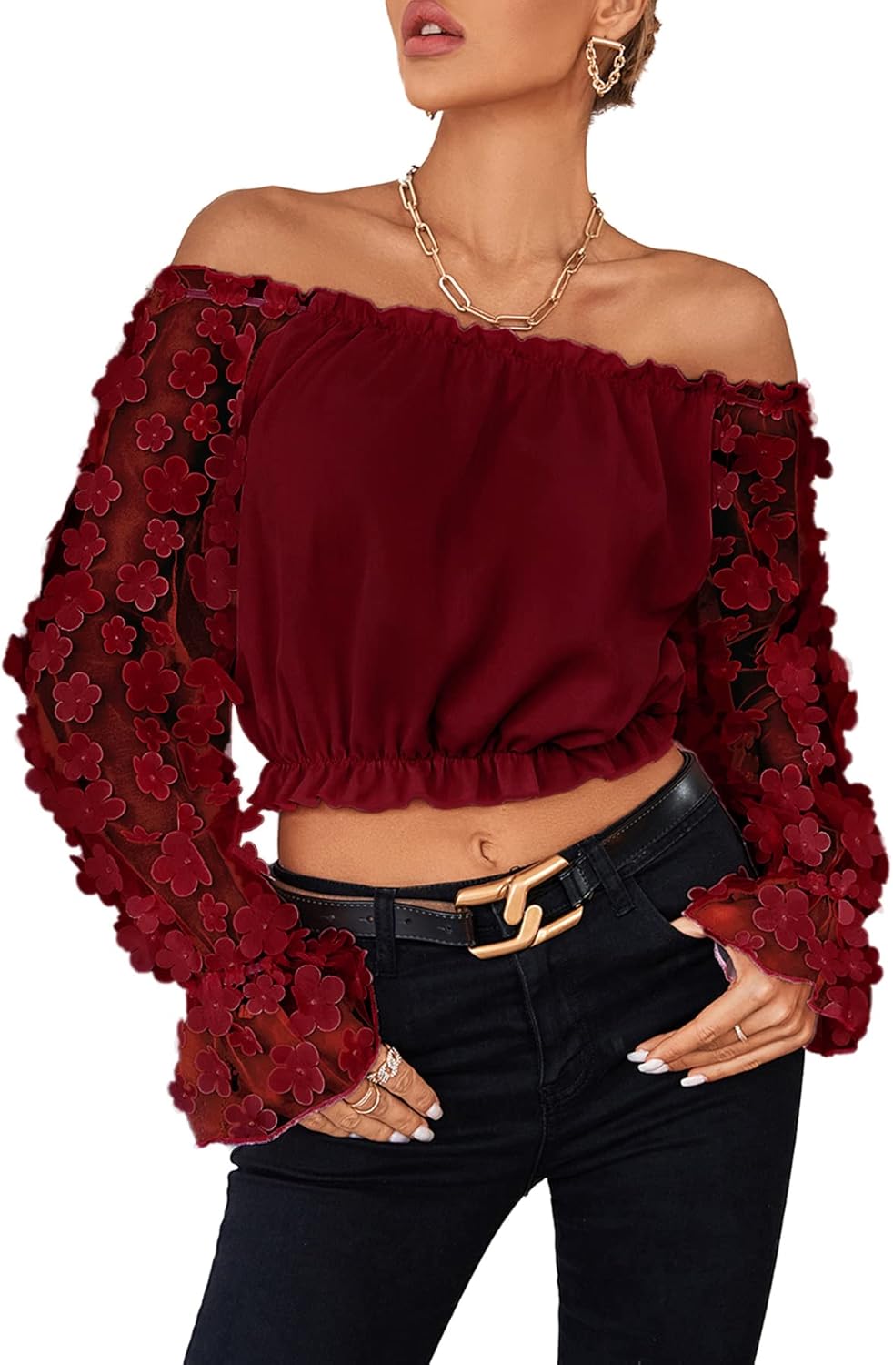 LYANER Women's Off Shoulder Floral Mesh Long Sleeve Ruffle Trim Crop Blouse Top