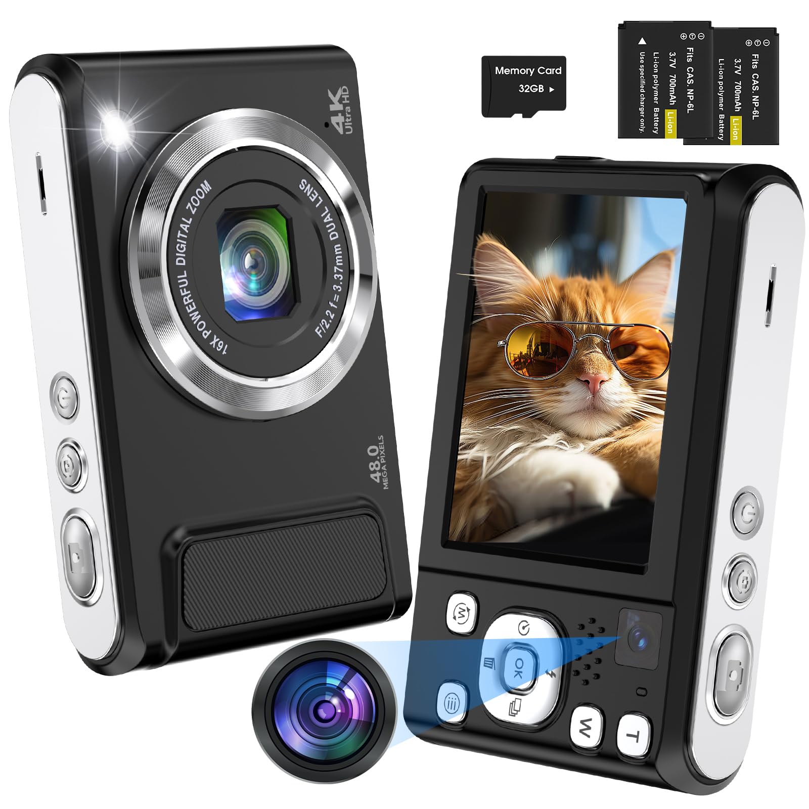 Cámara Digital,Bofypoo 4K con Enfoque automático Cámara de Fotos,Tarjeta de Memoria de 32 GB,Cámaras Duales Delantera y Trasera,Camara Fotos Digital de 48 MP con Zoom Digital de 16X(Negro)