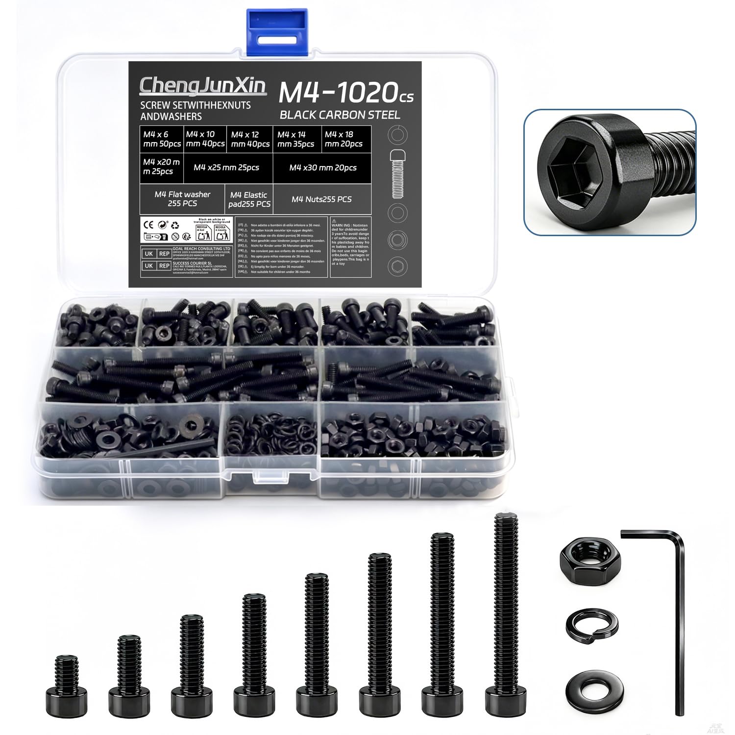 1020Pcs M4 Bolts and Nuts Set,Hex Socket Cup Head Cap Screws,Black