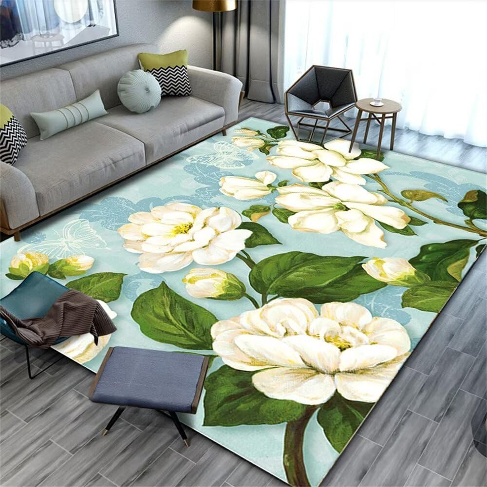 Tapis chambre bébé blanc et vert 200x300cm avec motif floral et lavable