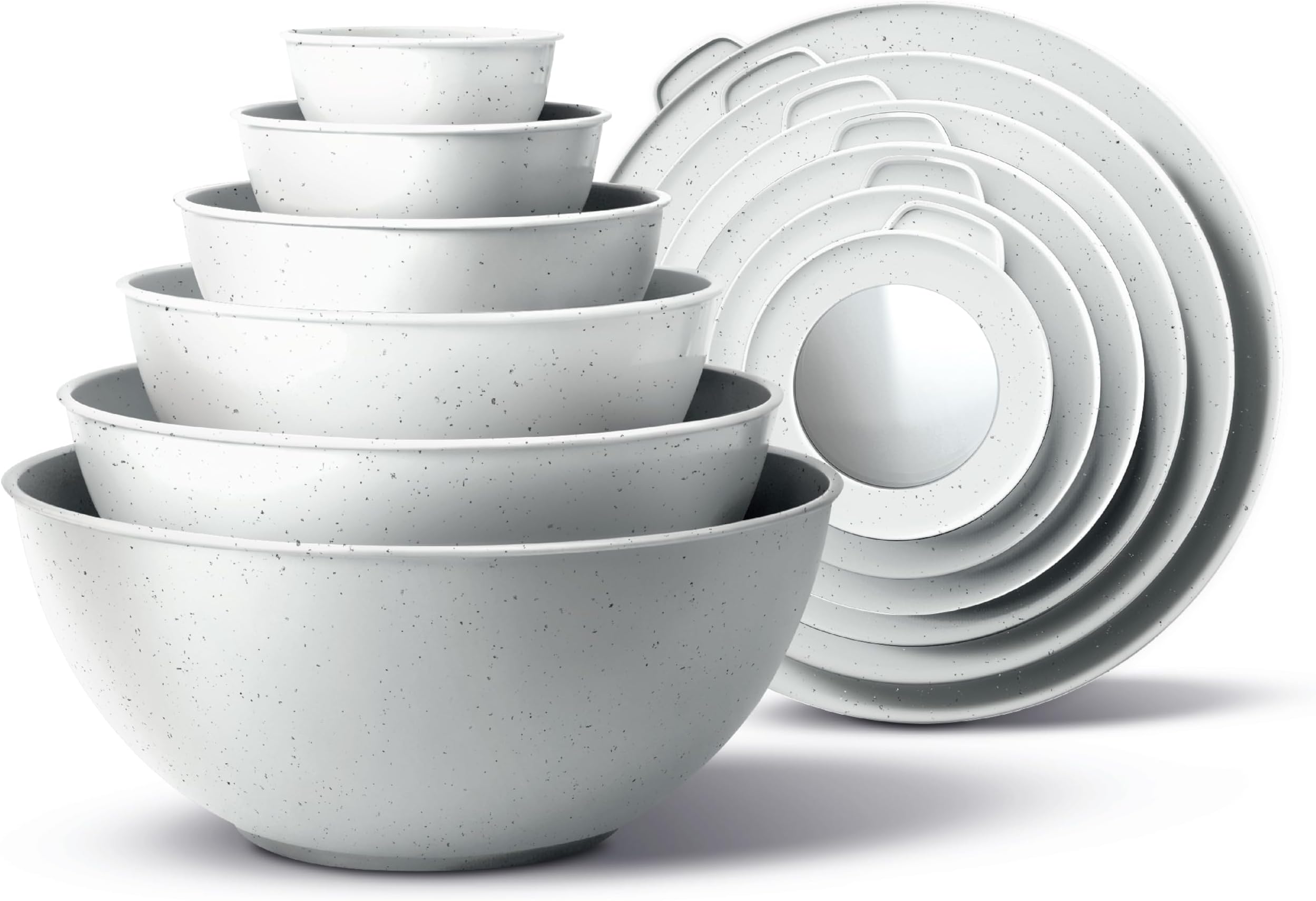 COOK WITH COLOR Mixing Bowls with TPR Lids - 12 Piece Plastic Nesting Bowls Set includes 6 Prep Bowls and 6 Lids, Microwave Safe Mixing Bowl Set (Speckled White)