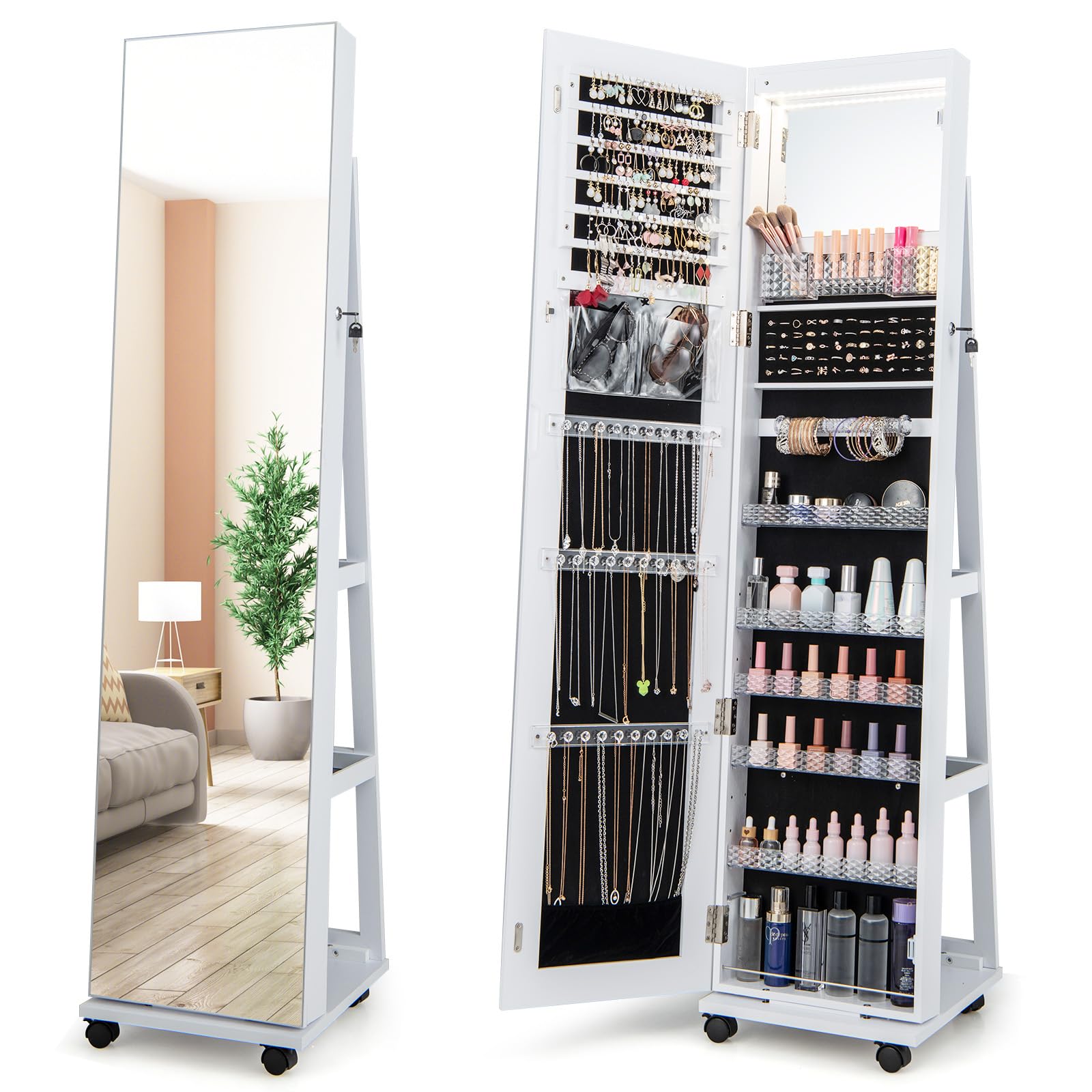 GOPLUS Armoire à Bijoux avec Miroir, Organisateur de Bijoux avec Lumières LED 3 Couleurs, Serrure, Miroir de Courtoisie Intégré, Anti-Basculement, 4 en 1 Armoire à Bijoux sur Pied avec Roues (Blanc)