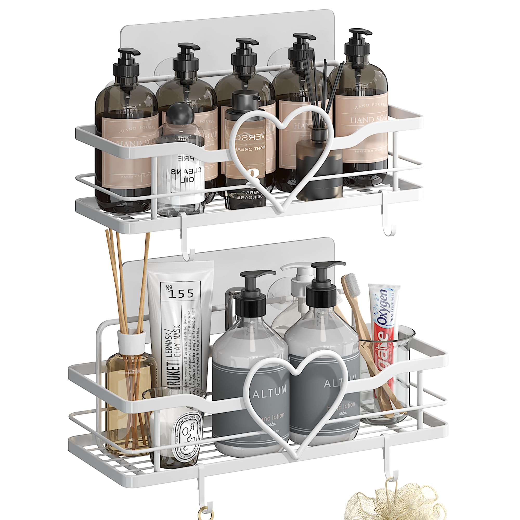 OYRREU White Shower Caddy with 4 Hooks, 2 Pack Bathroom Shower Shelf Suction&NO Drilling, Shower Organiser for Bath Kitchen Accessories Holder, Bedroom Decor, Self Adhesive, Wall Mounted