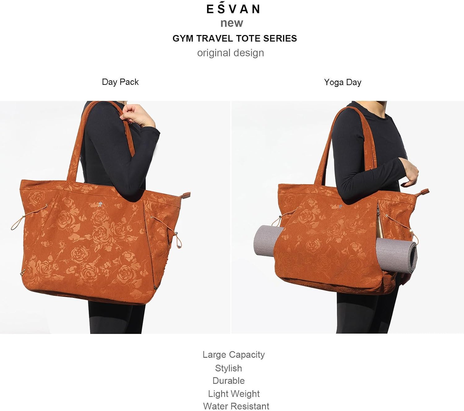 ESVAN Corduroy Yoga Tote Bag Gifts for Women Drawstring Yoga Mat Bag for Office Workout Travel Carryall Pilates Gym - Image 2