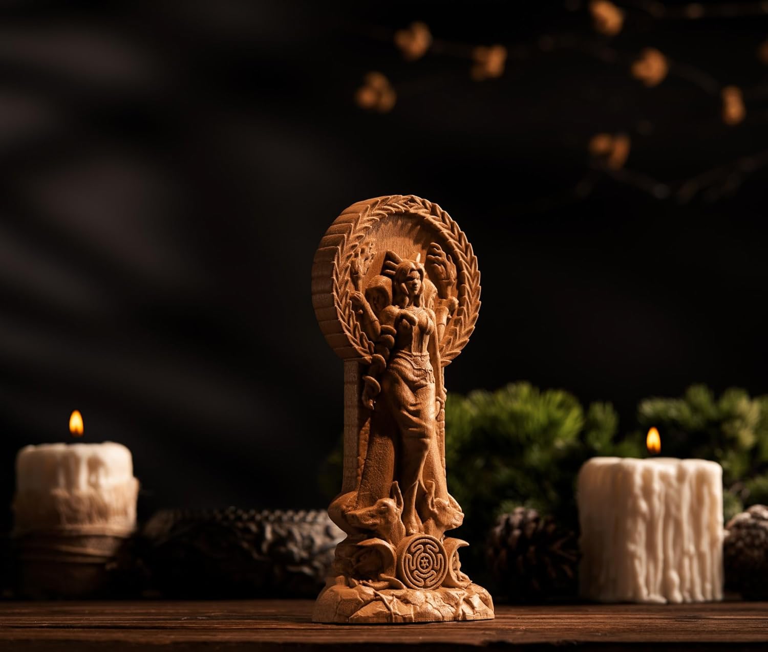 Wooden Hecate Triple Goddess Statue for Pagan Home Altar, Hexe Creative Craft Goddess Key, 3.5 x 1.5 x 9 inches (Wood)
