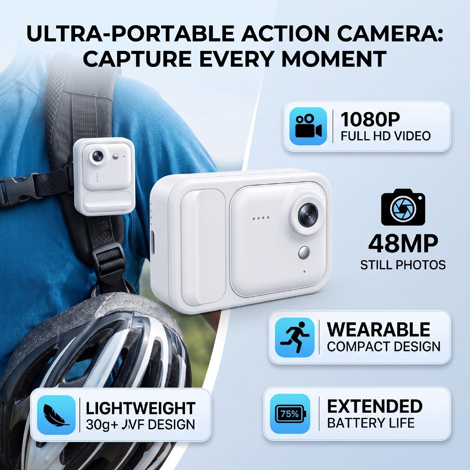 Caméra d'action avec Photos 1080P et 48MP, Portable avec étui de
