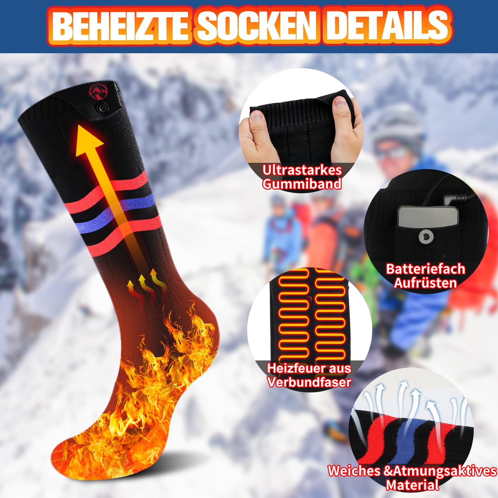 Multper Beheizbare Socken Damen Herren, 5V 5000mAh Wiederaufladbare Heizsocken, 3 Heizstufen Beheizte Socken, Fußwärmer Warme Socken für Outdoor Skifahren Radfahren Winter Camping Wandern