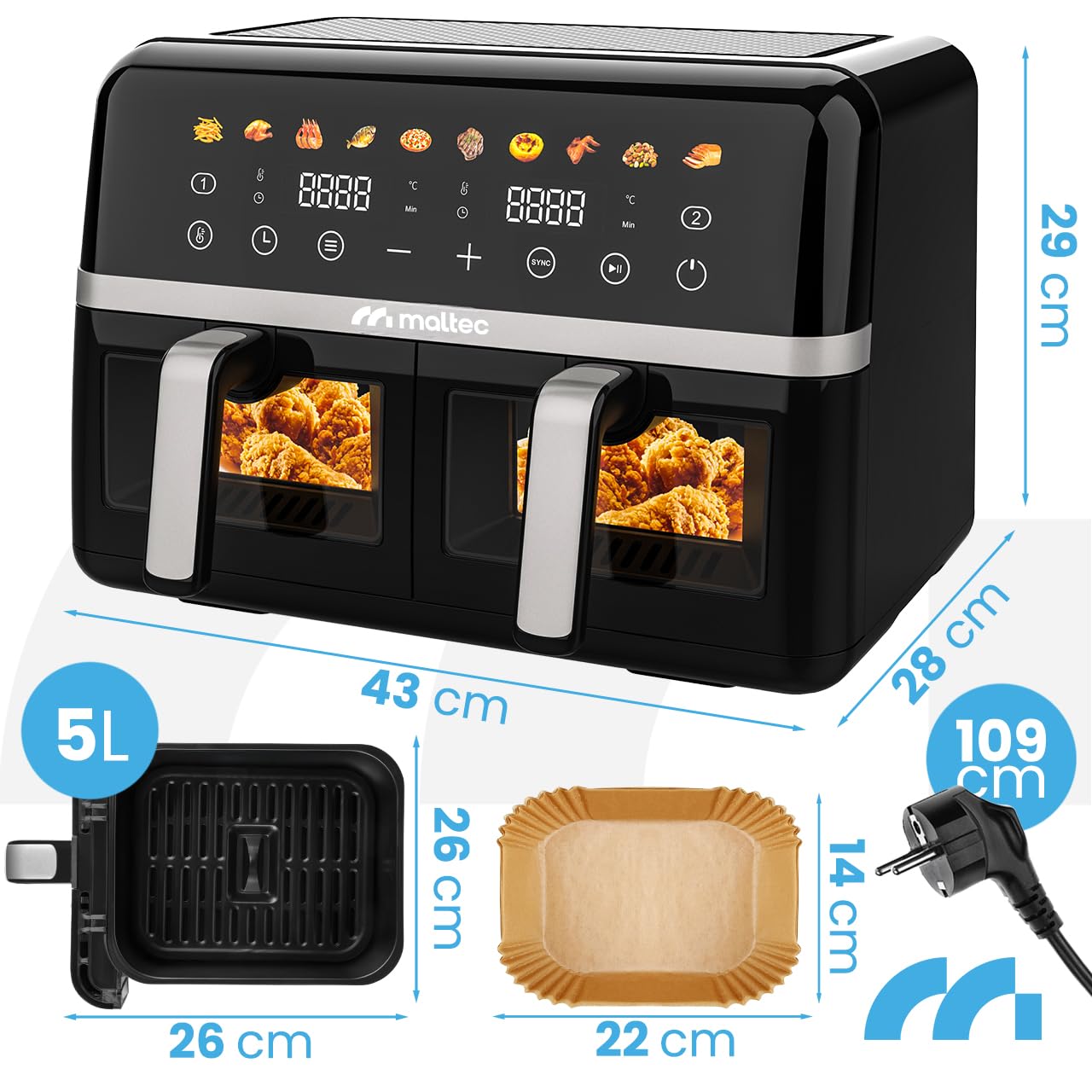 MalTec Frytkownica na gorące powietrze XL, 2 komory z okienkiem, 10 l Airfryer, ekran dotykowy, 2800 W, 10 programów, frytkownica bez oleju i gotowanie niskotłuszczowe