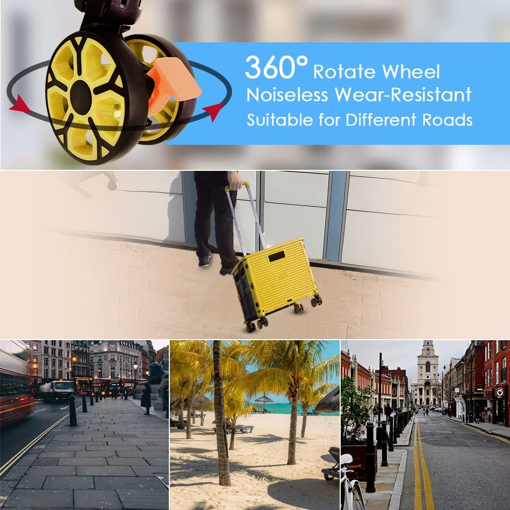 SELORSS Foldable Utility Cart Portable Collapsible Crate Rolling Carts with Wheels Rolling Tote Basket Teacher Cart with Lid Wear-Resistant 360°Rotate Wheel Noiseless for Shopping Storage Office Use