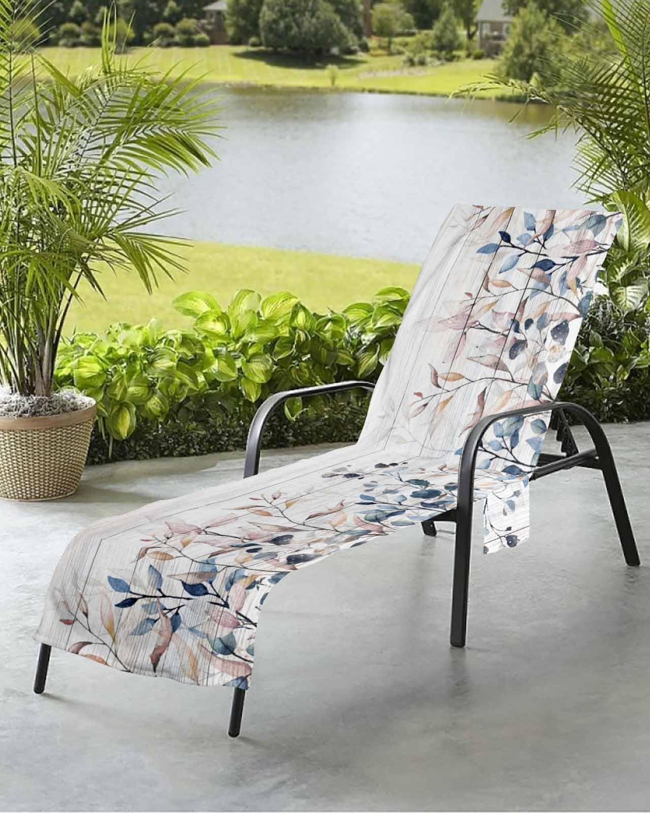 Beach Pool Patio Lounge Chaise Chair Cover Towel with Pockets, Farmhouse Wood Leaves Absorbent & Quick Dry Microfiber Towel Cover Bag Summer Travel Accessories for Sunbathing Blue Eucalyptus Leaves