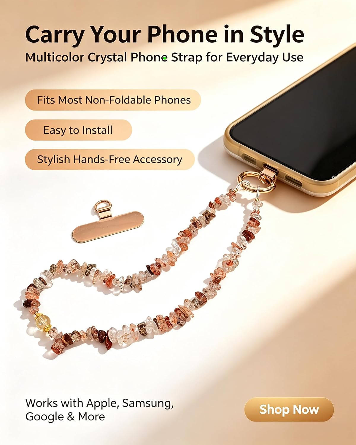 Mixed Crystal Chips Beaded Phone Wrist Strap with Universal Metal Patch, Detachable Lanyard with Anti-lost Thin Tab image 4