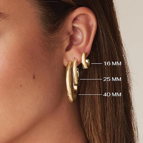 Miniatura 3 de PAVOI 14K Gold Plated Wide Flat Edge Hoop Earrings for Women Rose, White and Yellow Gold Hoops Hypoallergenic Jewelry