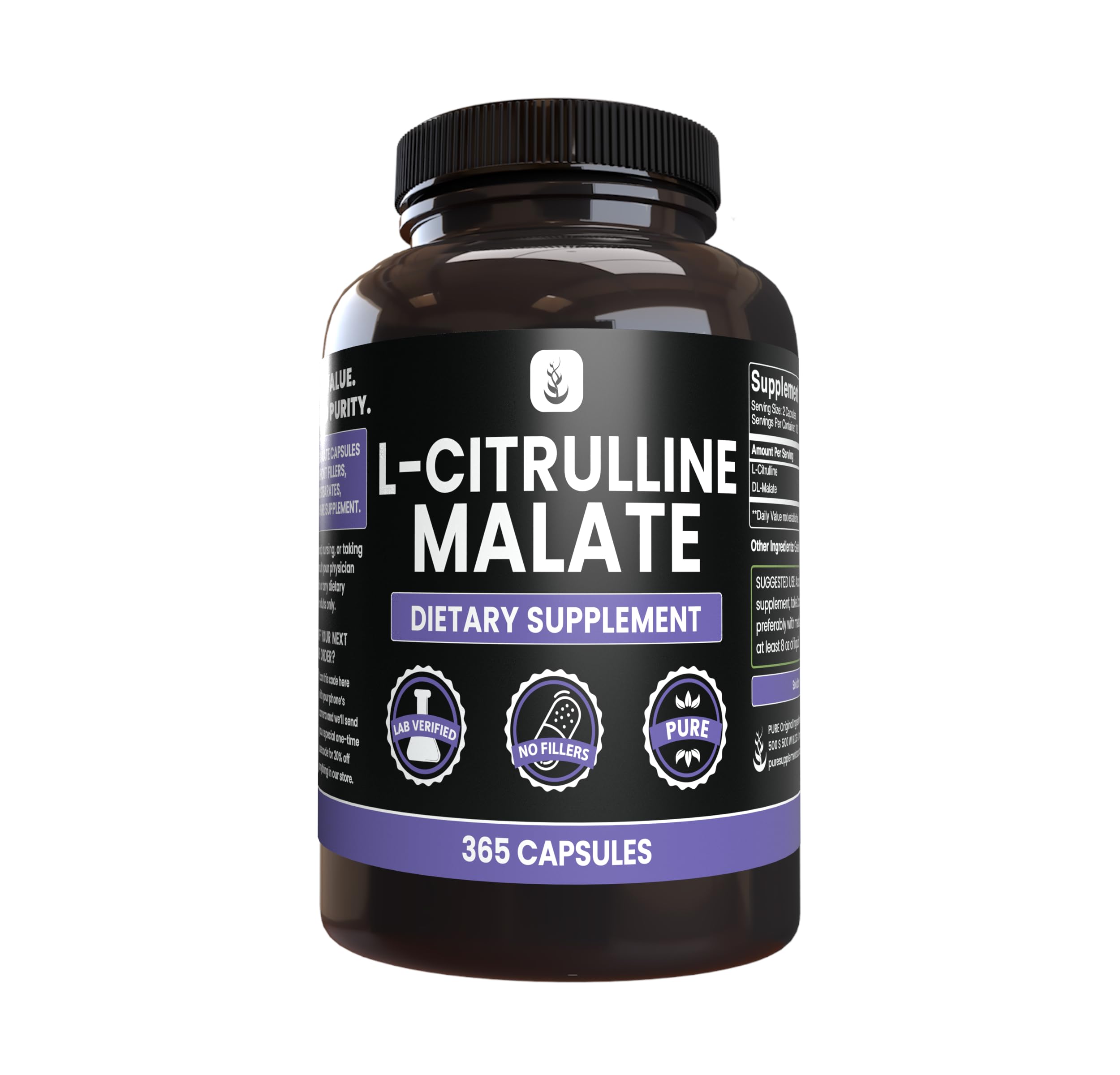 PURE ORIGINAL INGREDIENTS L-Citrulline DL-Malate 2:1 (365 Capsules) No Magnesium Or Rice Fillers, Always Pure, Lab Verified