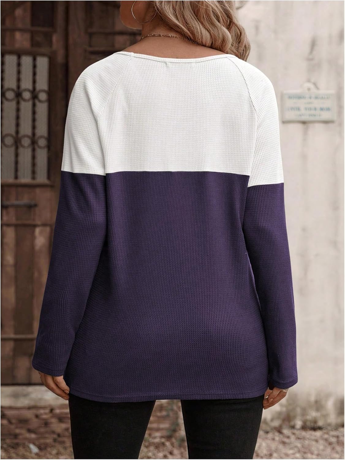 WDIRARA Women's Plus Size Color Block T Shirts Button Long Sleeve Crew Neck Tee Tops - Image 2