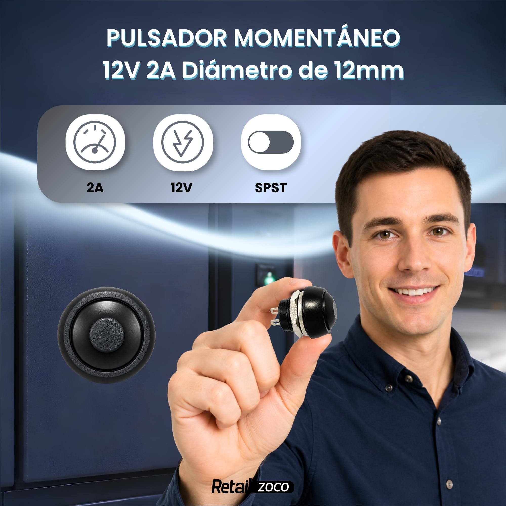 Botón Pulsador Momentáneo, Botón Auto Reinicio, 12V 2A, Negro, 5 Unidades - imagen 2