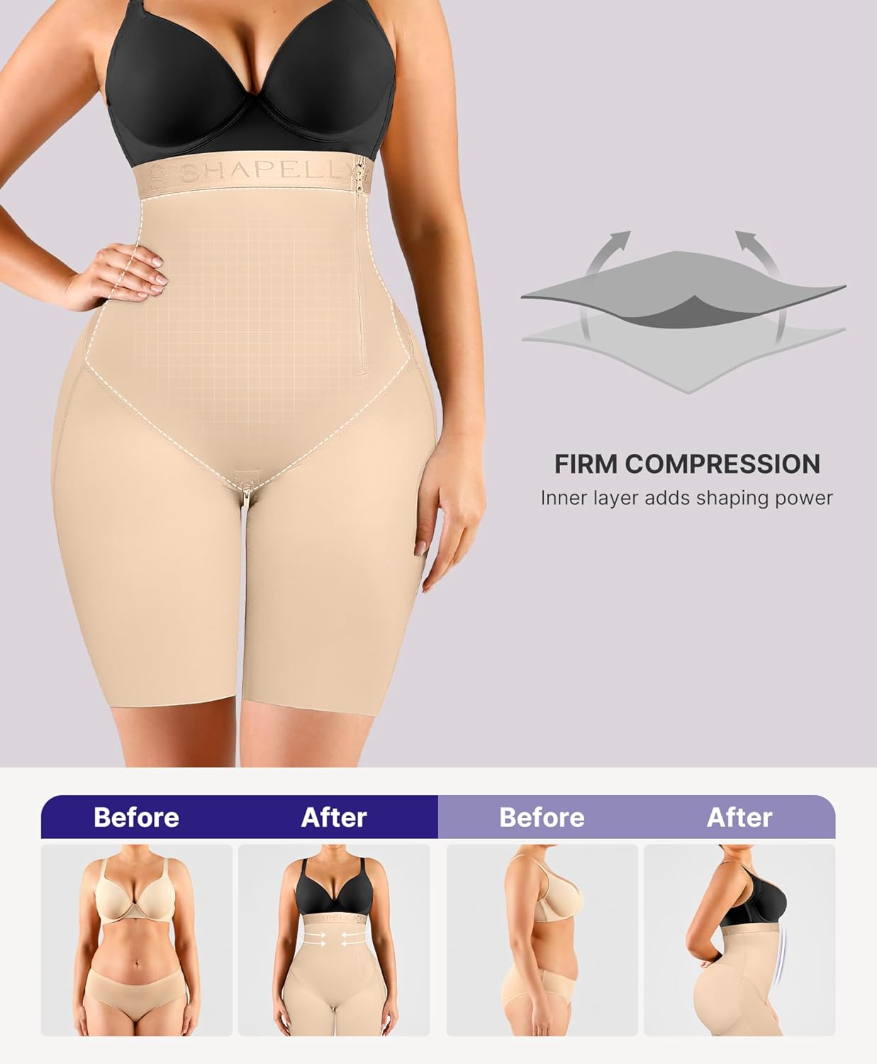 Size L SHAPELLX Shapewear Tummy Control for Women Butt Lifting High Waist Shorts Faja Body Shaper Thigh Slimming Panties
