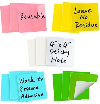 Mr-Label 15-Pack 4"x4" Reusable Dry Erase Self-Sticky Notes Multi Color Washable Post It Notes Versatile Quick Memo Note Pads 5 Colors, 15pcs