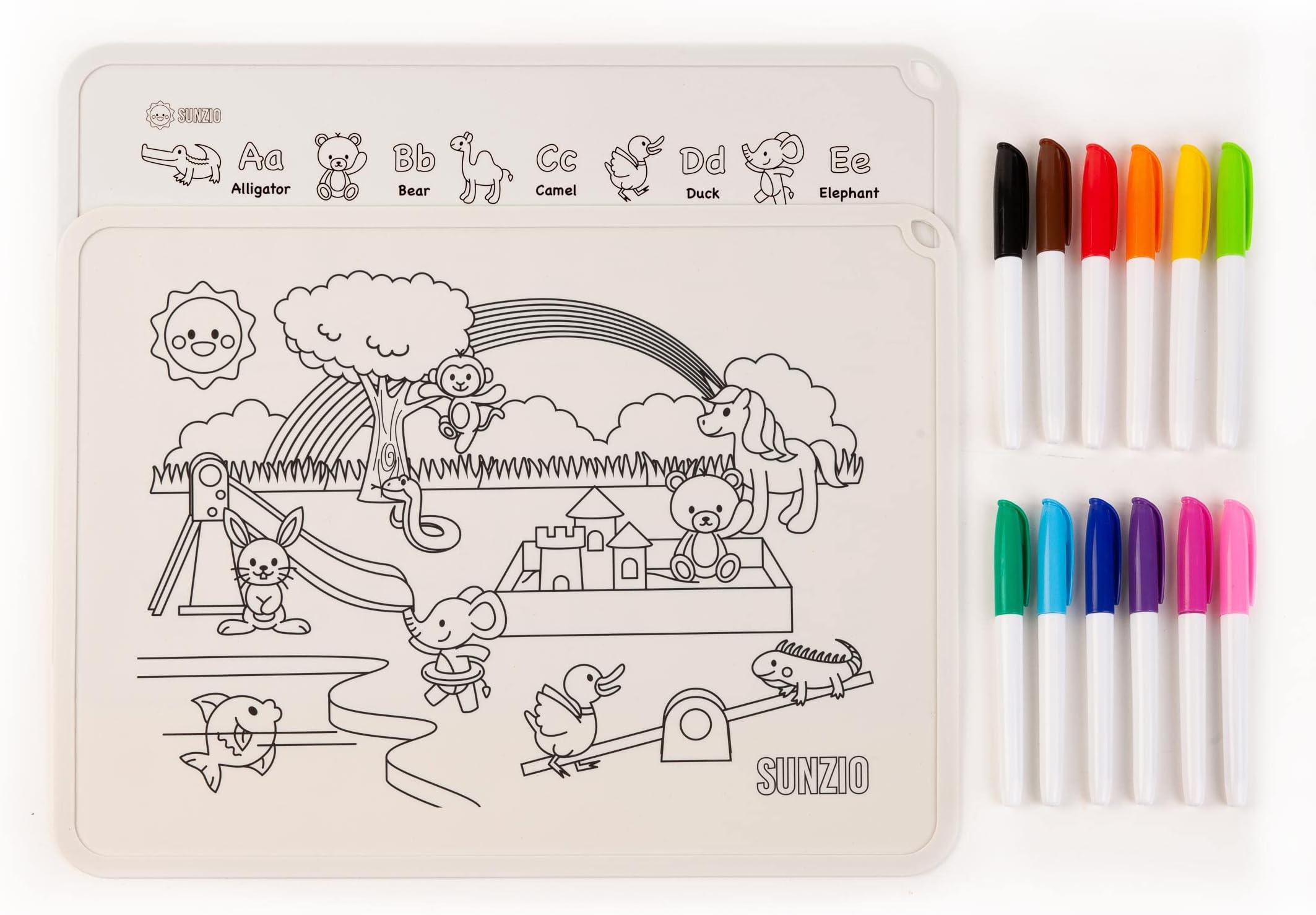 SUNZIOSilicone Suction Placemats for Kids Toddlers Baby | 2 BPA Free Non Slip Placemats Set | Doubles as Educational Coloring Activity Mat | Markers Included | Easy to Clean (Playground/ABC Animals)