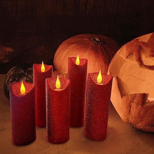 Miniatura 6 de Velas parpadeantes sin llama que funcionan con pilas, sin perfume, con temporizador y control remoto, juego de 5 velas LED de cera roja con purpurina