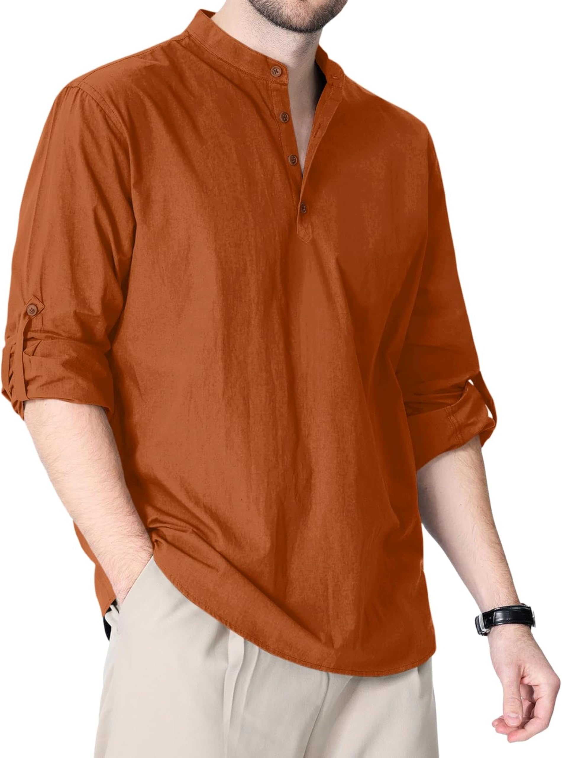 zombom Cotton Blend Solid Casual Regular Fit Mandarin/Chinese Collor Short Kurta Shirt for Men-picture-1